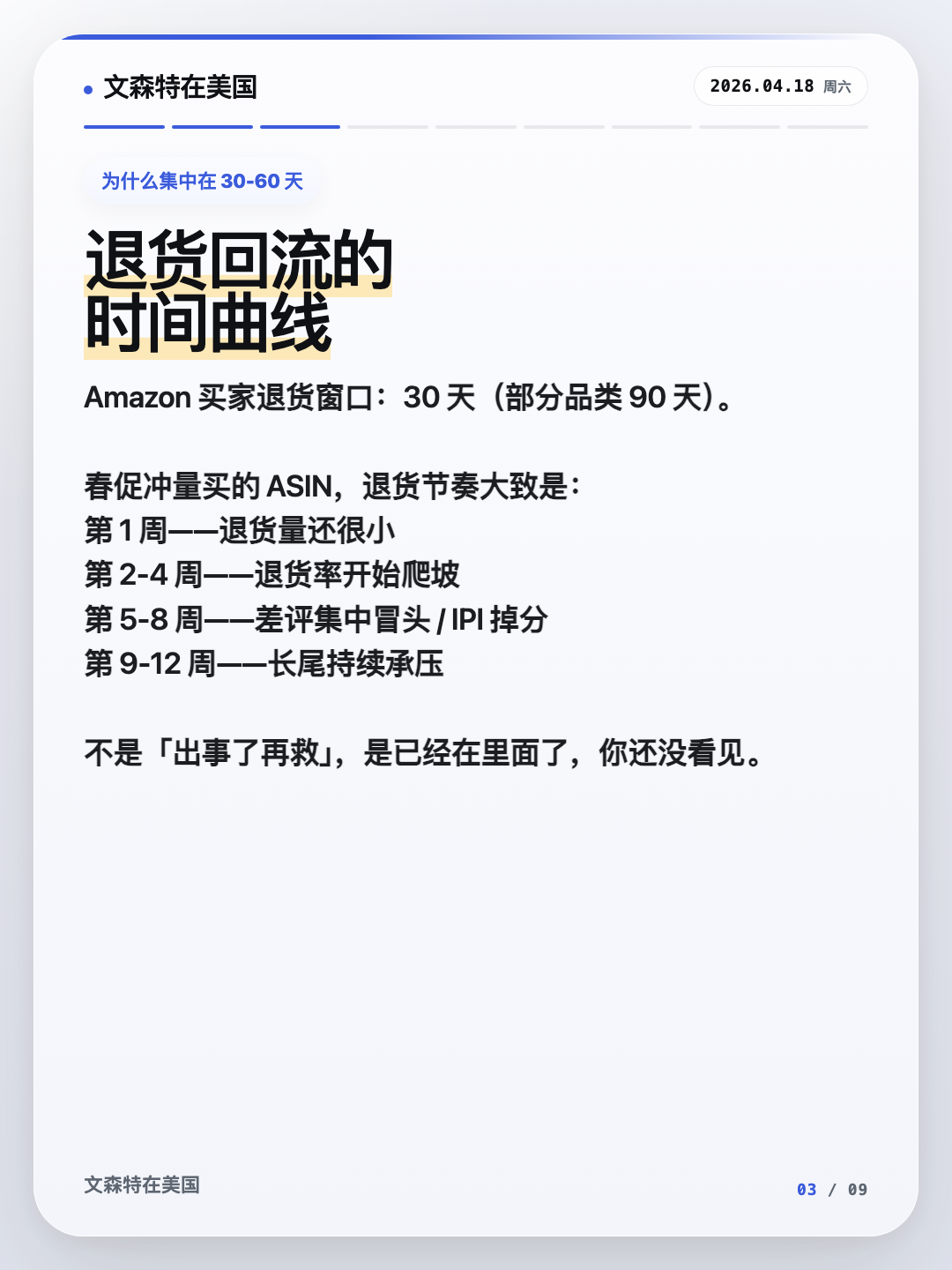 Return volume cascades over weeks 2–12. You're not avoiding the curve — only deciding whether you see it before Amazon does.
