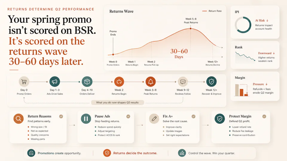 Your spring promo isn't scored on BSR. It's scored on the returns wave 30-60 days later. visual summary