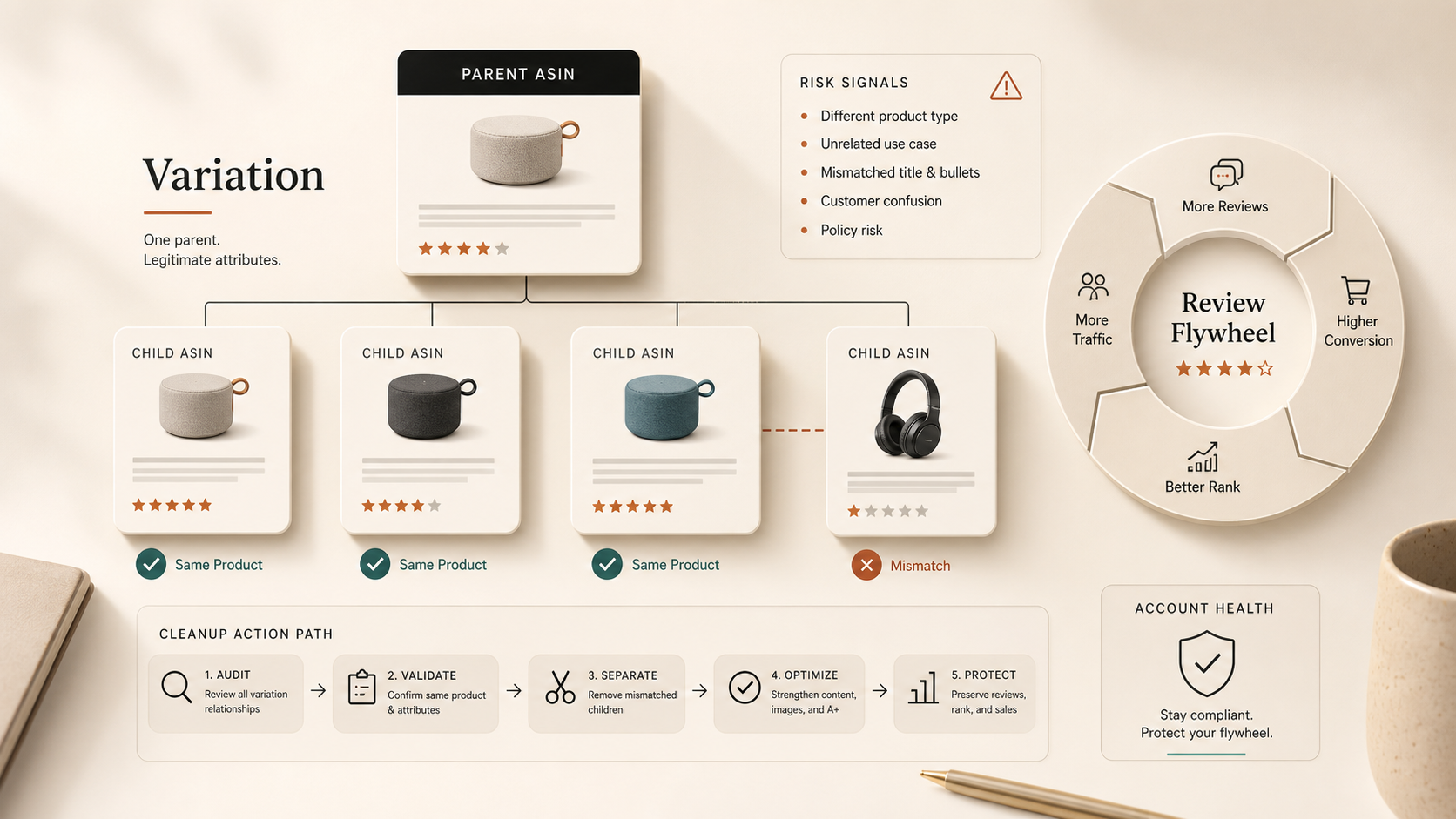 Audit Amazon variations before enforcement hits the review flywheel visual summary