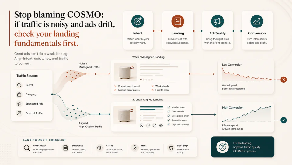 Stop blaming COSMO: if traffic is noisy and ads drift, check your landing fundamentals first visual summary