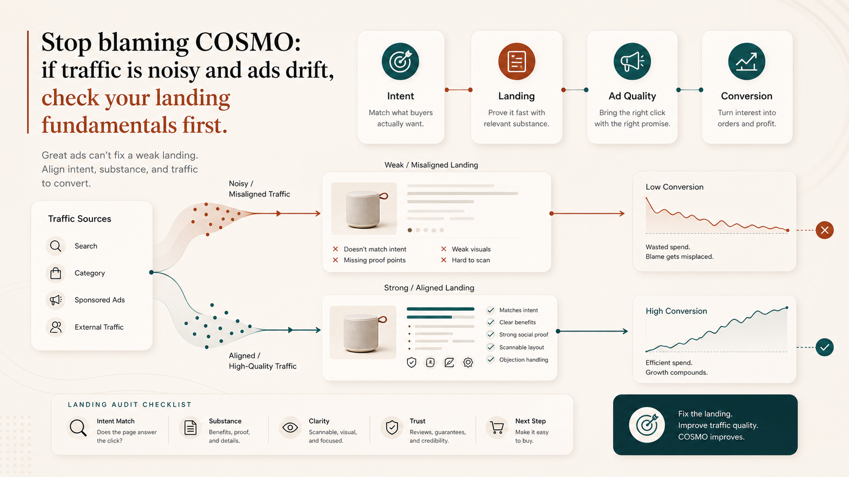 Stop blaming COSMO: if traffic is noisy and ads drift, check your landing fundamentals first visual summary