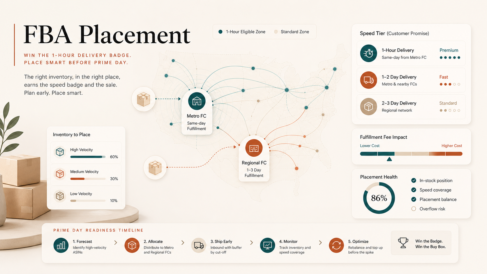 Who gets Amazon's 1-hour delivery badge? FBA placement strategy before Prime Day visual summary