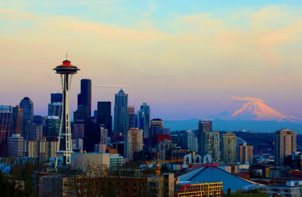 Seattle skyline with the Space Needle and mountain view.