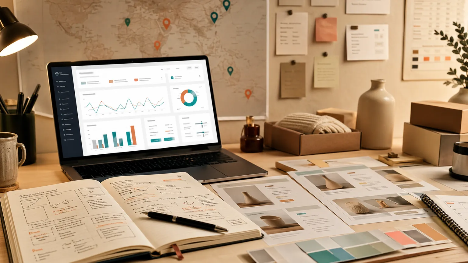 Photo-style senior ecommerce operator workspace with anonymized dashboard, product samples, planning notebook, and marketplace map.