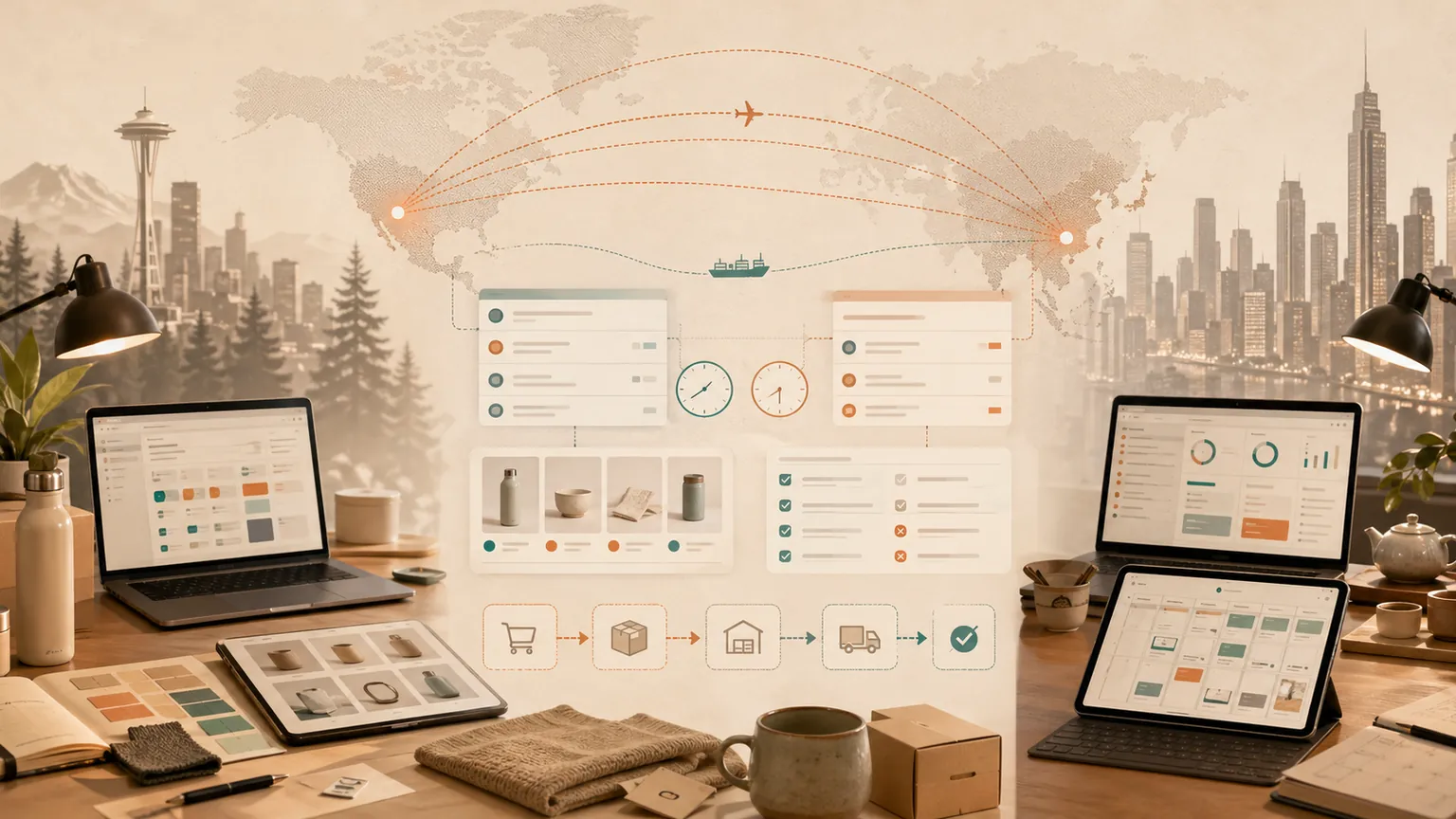 Photo-style Seattle and Shenzhen ecommerce operations bench with workflow cards, product samples, and route lines.