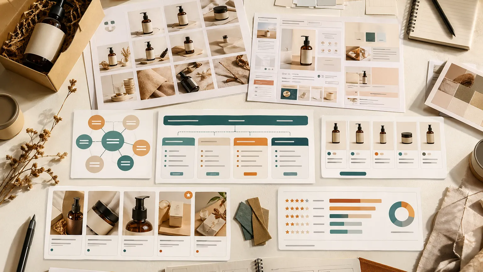 Photo-style listing optimization workspace with product image sheets, A+ content layouts, keyword clusters, and ranking analysis cards.