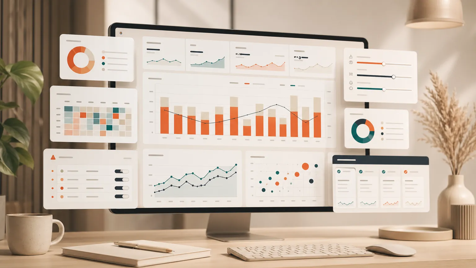 Photo-style PPC optimization dashboard with campaign charts, budget bars, keyword cards, and weekly performance panels.